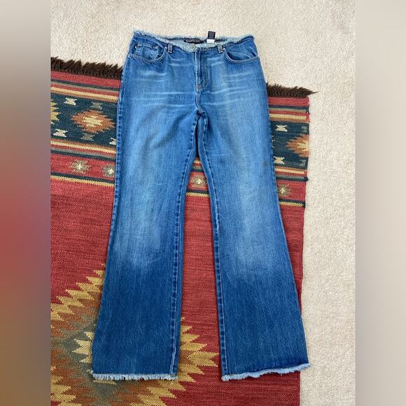 Express Vintage Y2K Blue Flare Wide Leg Jeans with Raw Hem Size 12 - Picture 1 of 5